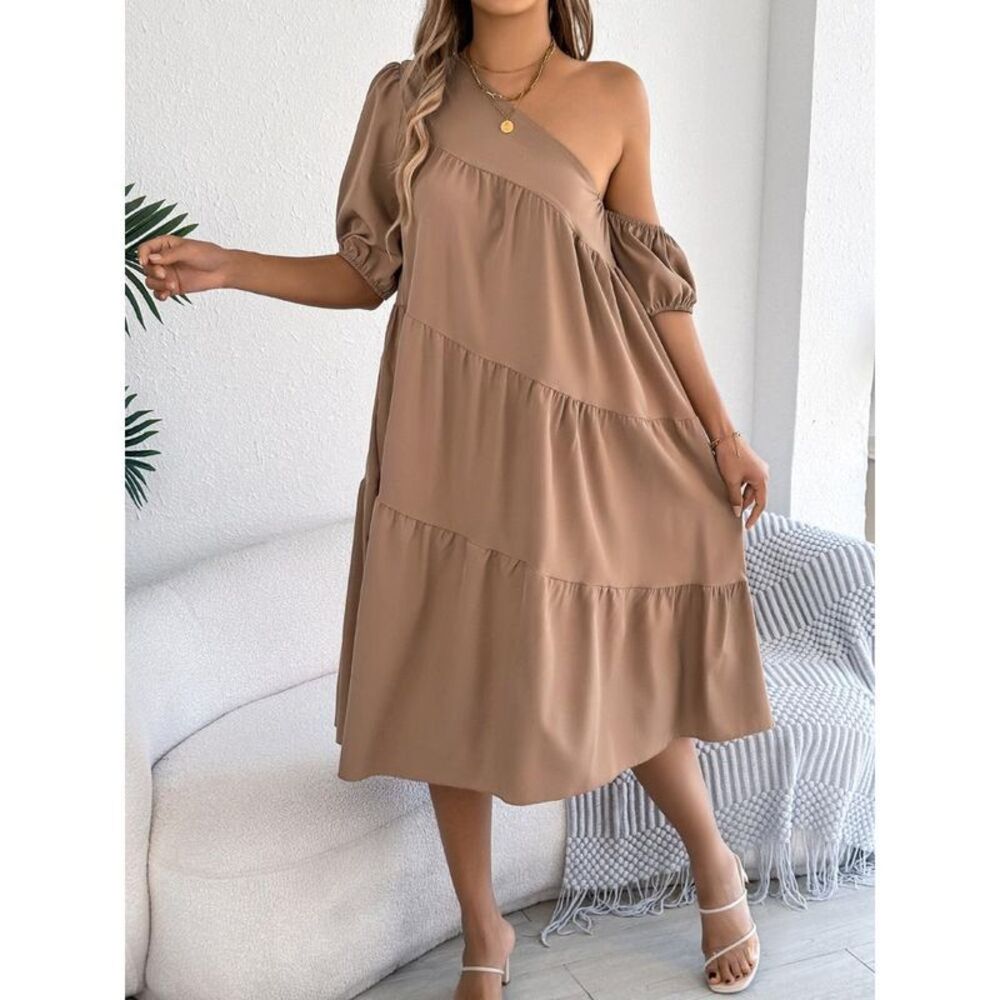 Everyday The Label One Shoulder Ruffle Dress Women Dark Green Dresses
